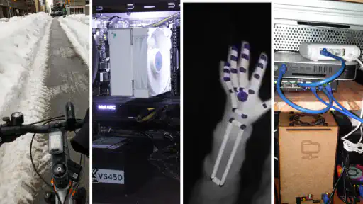 Riding a bike in the snow, side view of a desktop PC, An arm with a hand tracking overlay, a small network setup on a shelf
