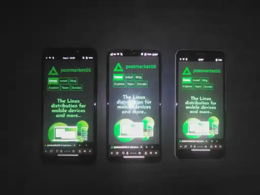 3 phones (Pinephone, Opeplus 6, Pixel 3a) running firefox on PostmarketOS displaying postmarketos.org